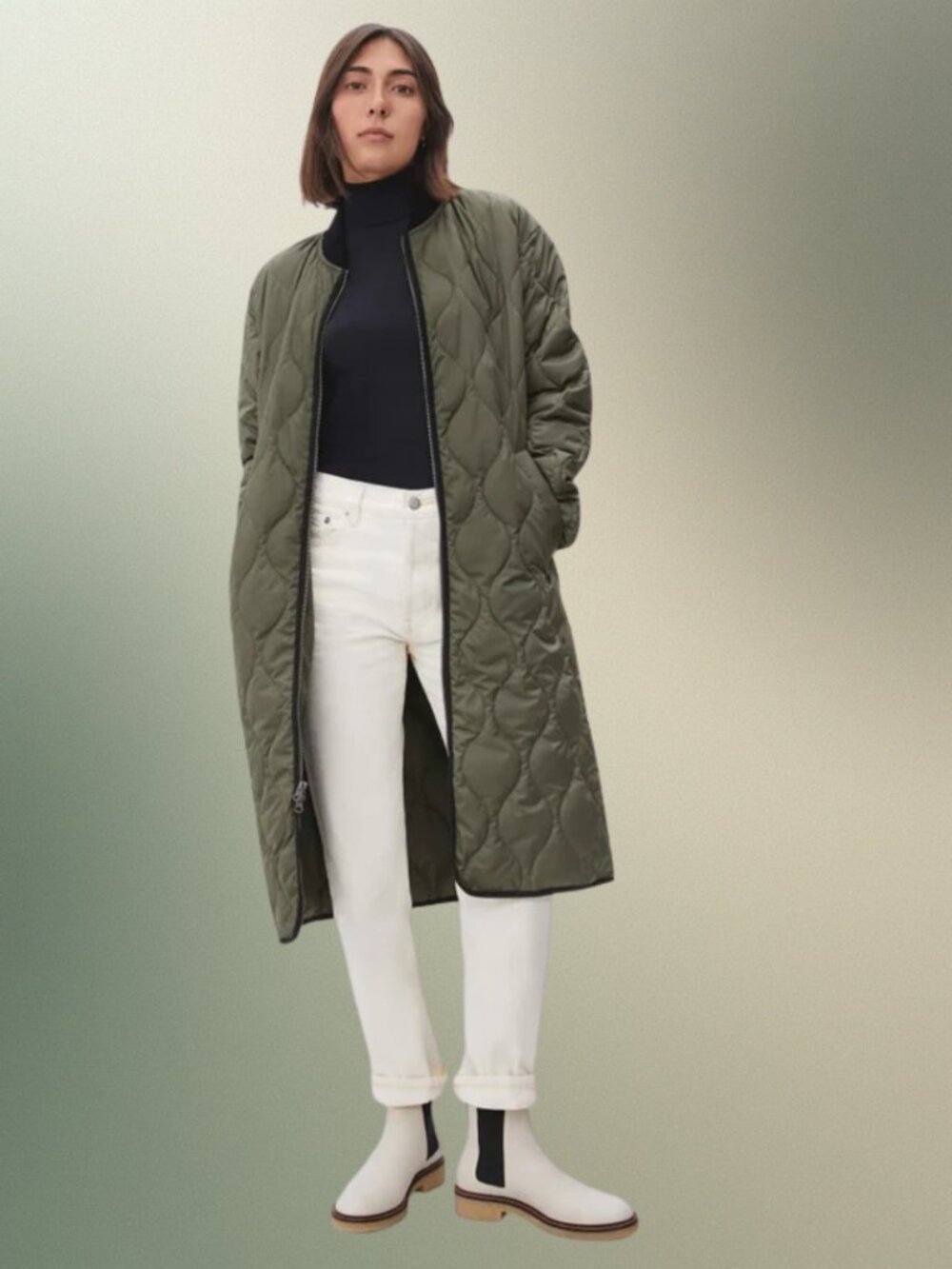 Everlane The ReNew Long Liner Jacket Kalamata Green Oversized Quilted Coat Small